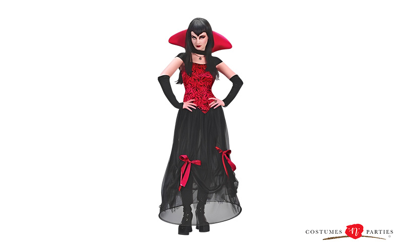 Woman wearing a vampire costume with a red collar.